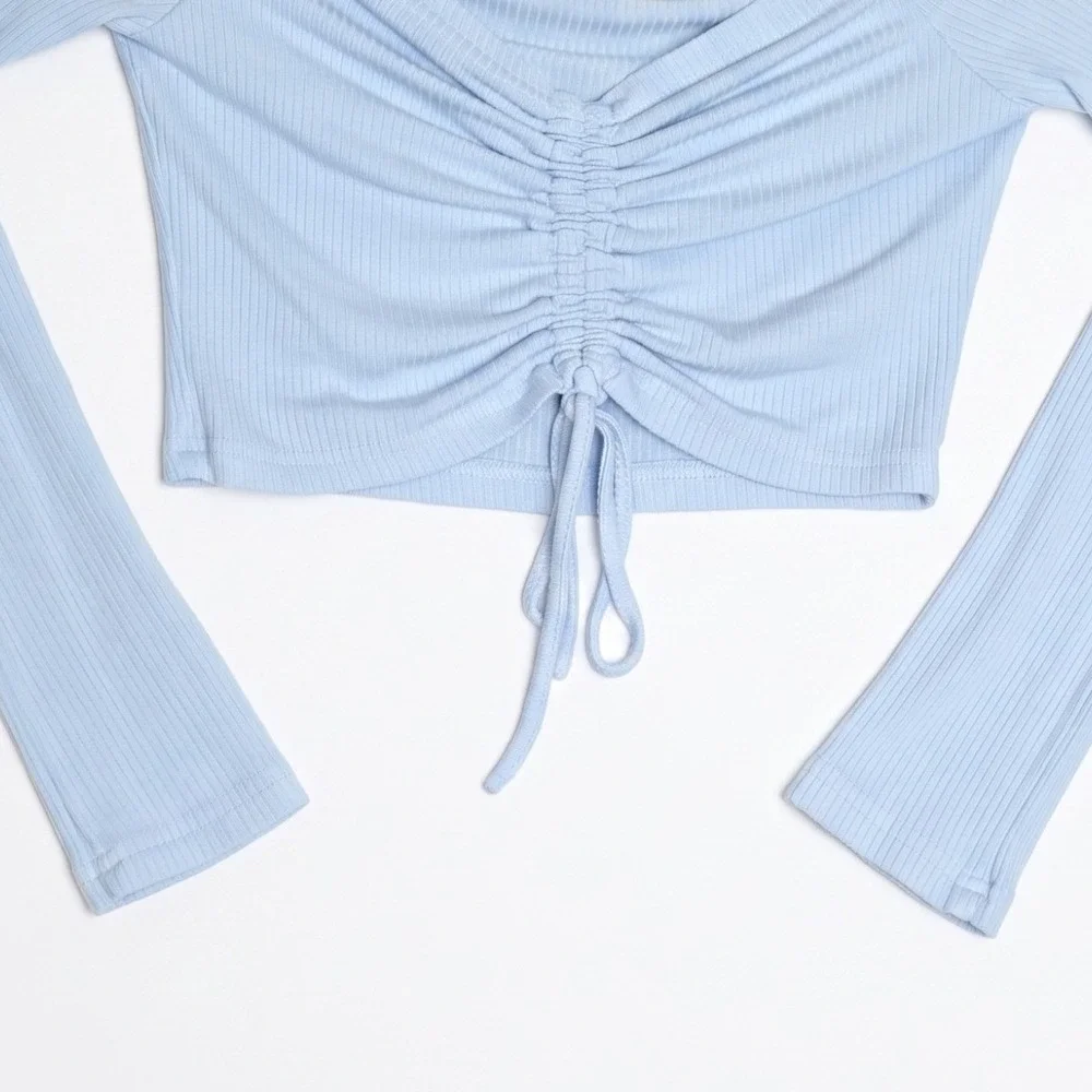 Anthropologie‎ Mable Womens S Light Blue Ribbed Ruched Off Shoulder Crop Top